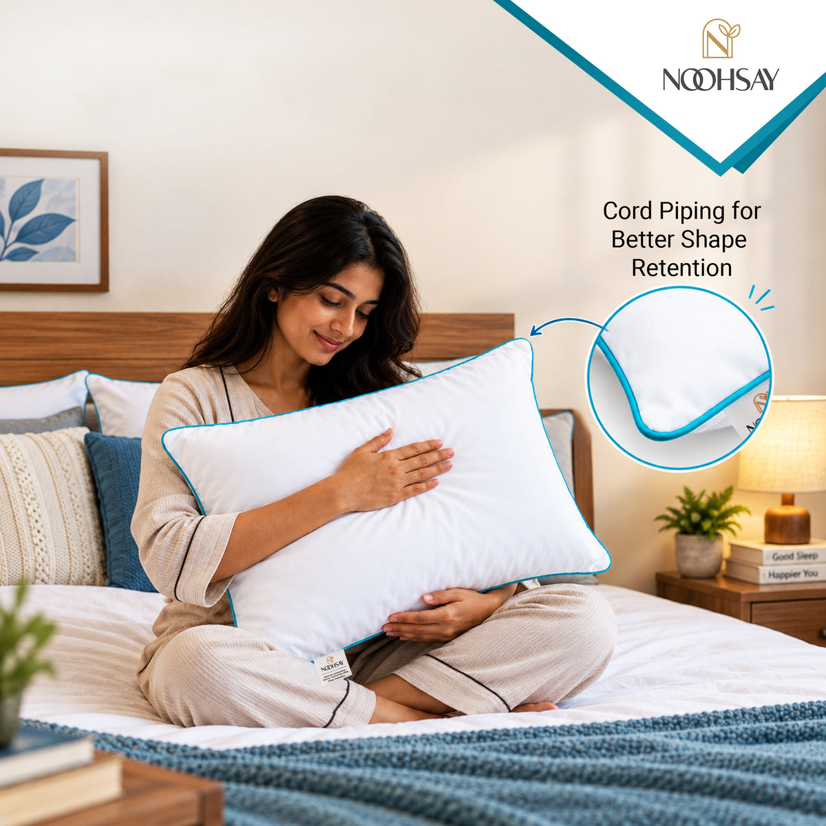 Hollowfibre Bed Pillow with Aqua Blue Piping – 17 × 27 Inch