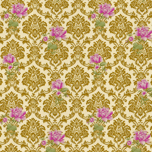 Floral Wallpaper, Vintage Damask Rose Pattern, 45 cm x 10 m