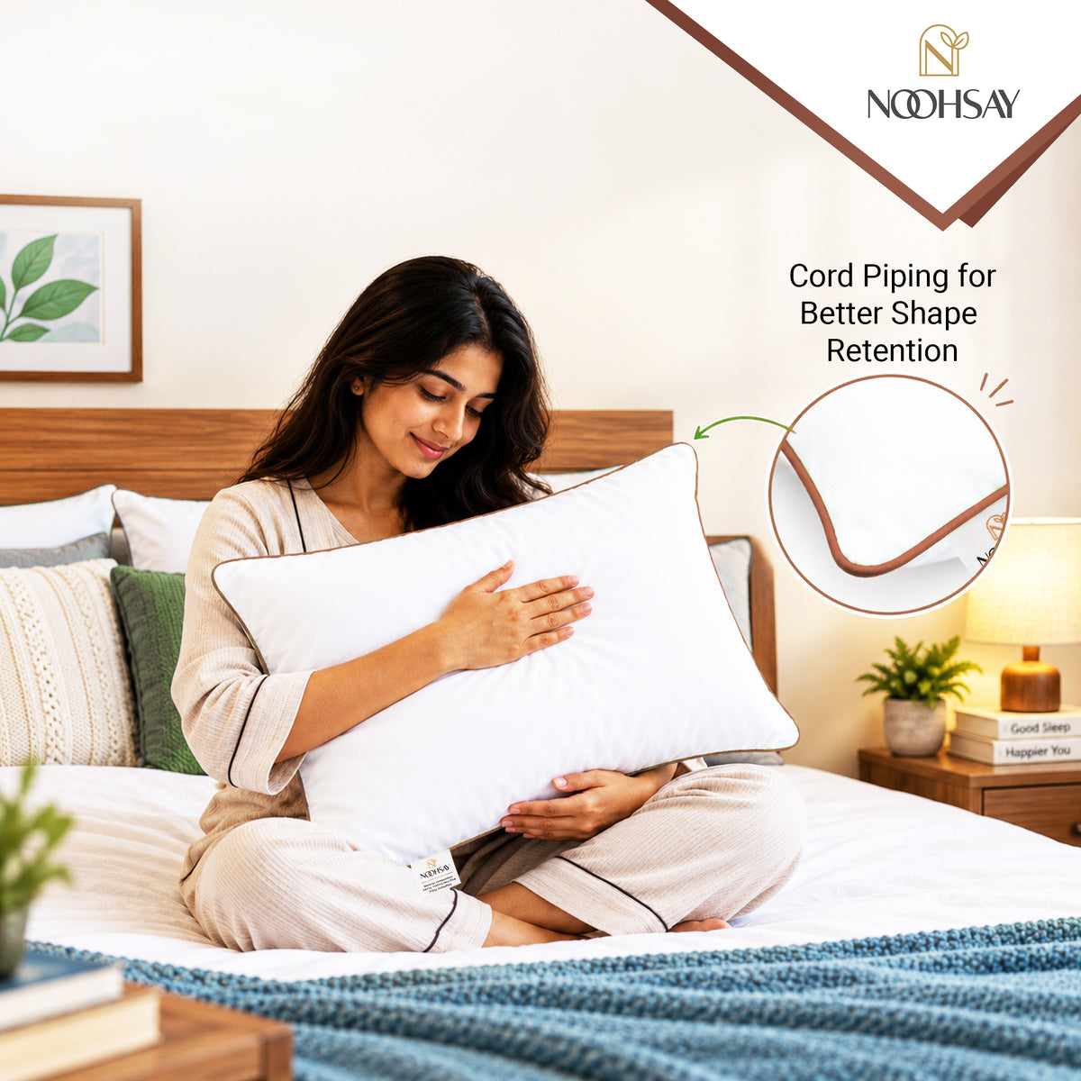 Hollowfibre Bed Pillow with Brown Piping – 17 × 27 Inch