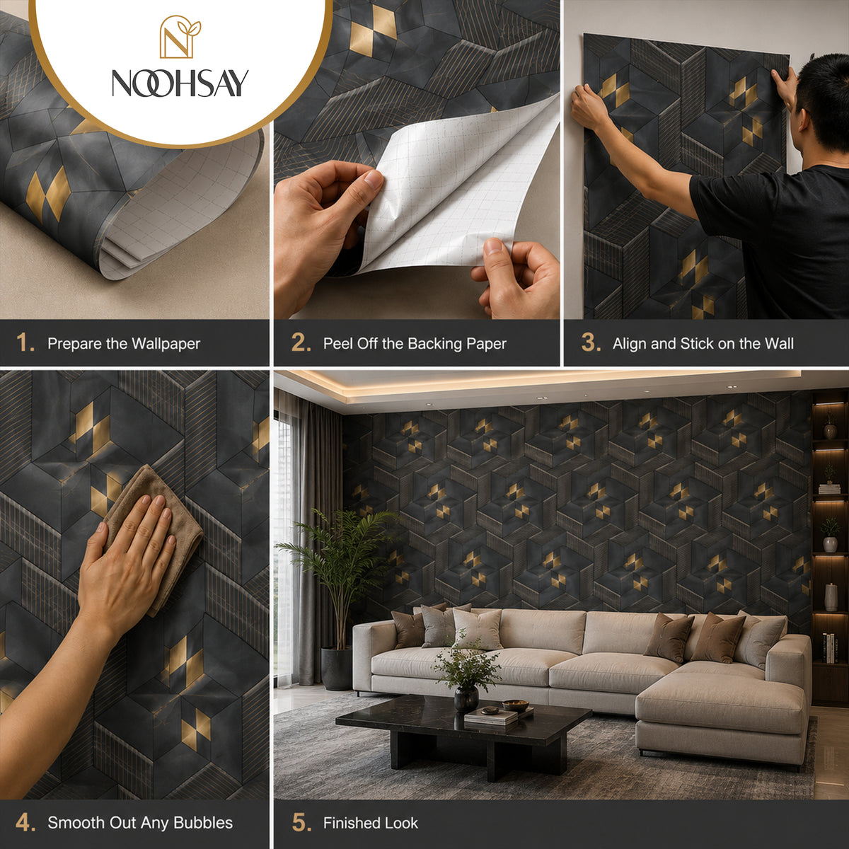 Black & Gold 3D Geometric Cube Wallpaper, 45 cm x 10 m Roll